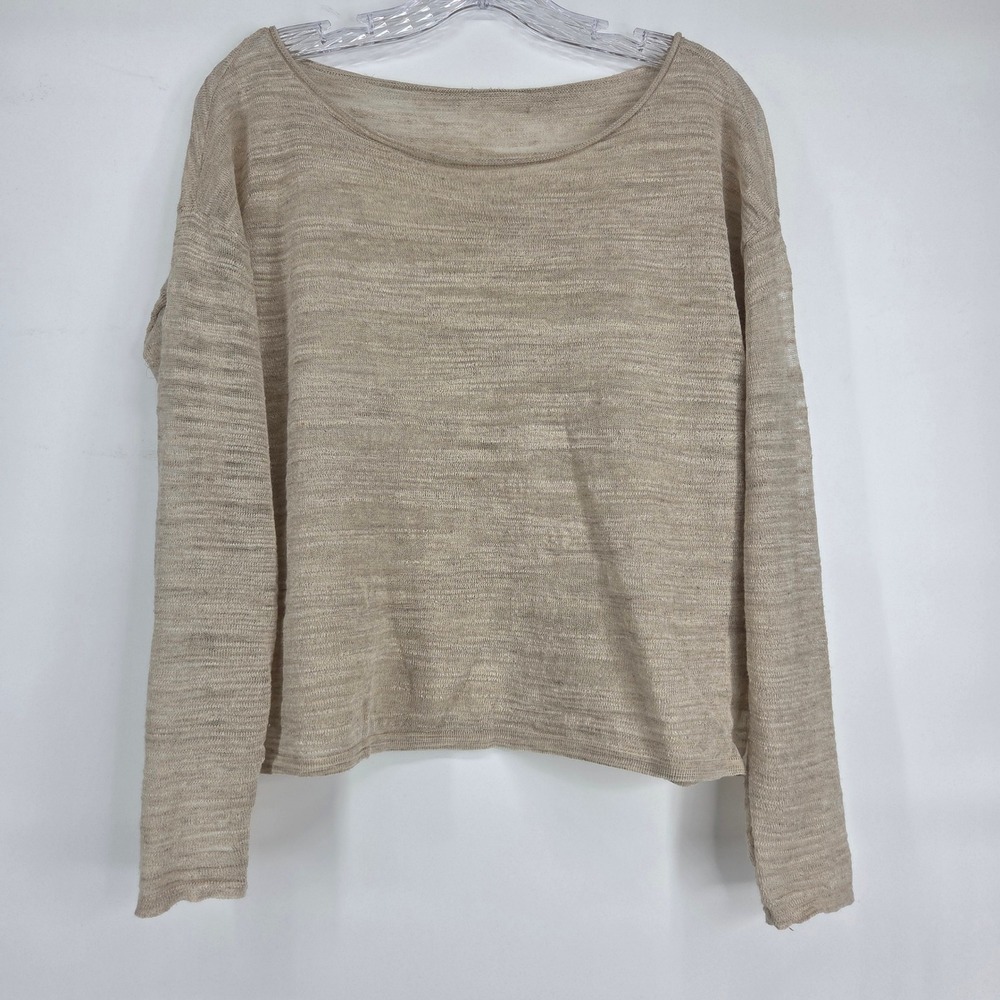 Eileen Fisher Sweater M / L Tan Linen Blend Sheer Knit Minimalist Coastal Boho